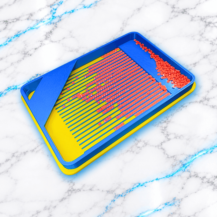 Plateau 3D Diamond Painting XL Security bleu et jaune ouvert, avec diamants carres orange alignes dans les rainures, zone de stockage et systeme de securite, creation UnBrunBarbu.