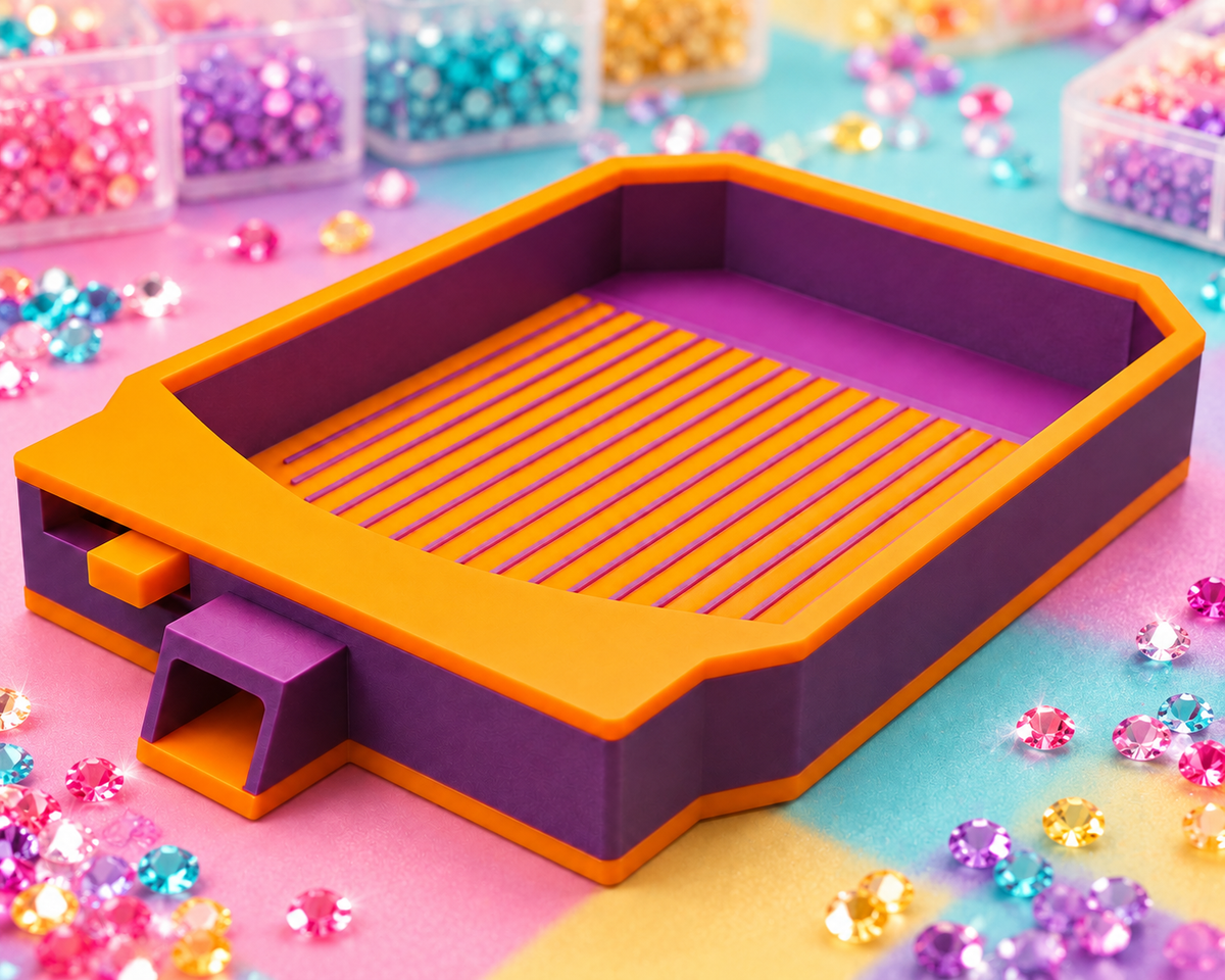 Plateau Diamond Painting ClickFlow orange et violet avec bouchon coulissant integre