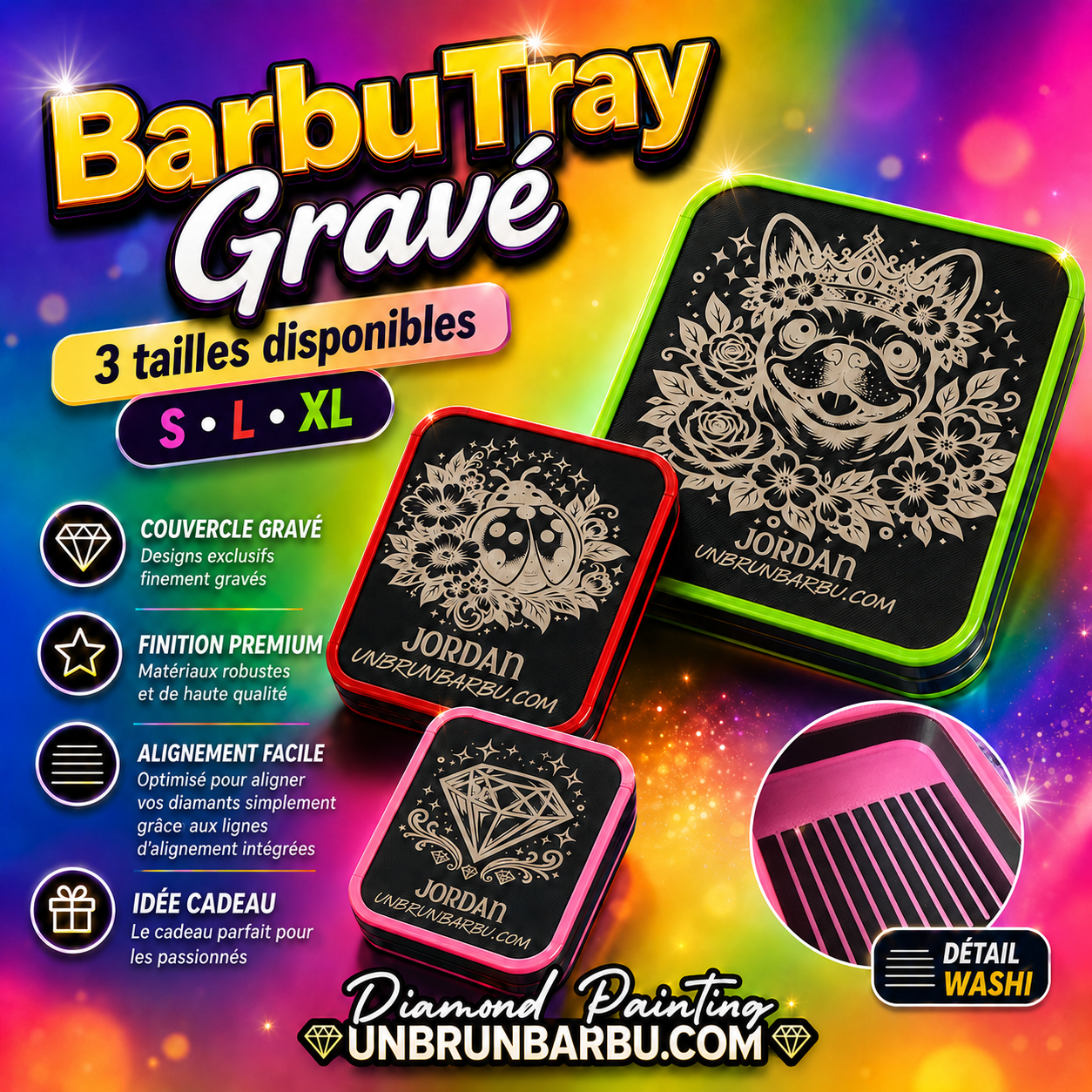 Comparatif des tailles S L XL du plateau Diamond Painting 3D BarbuTray Grave