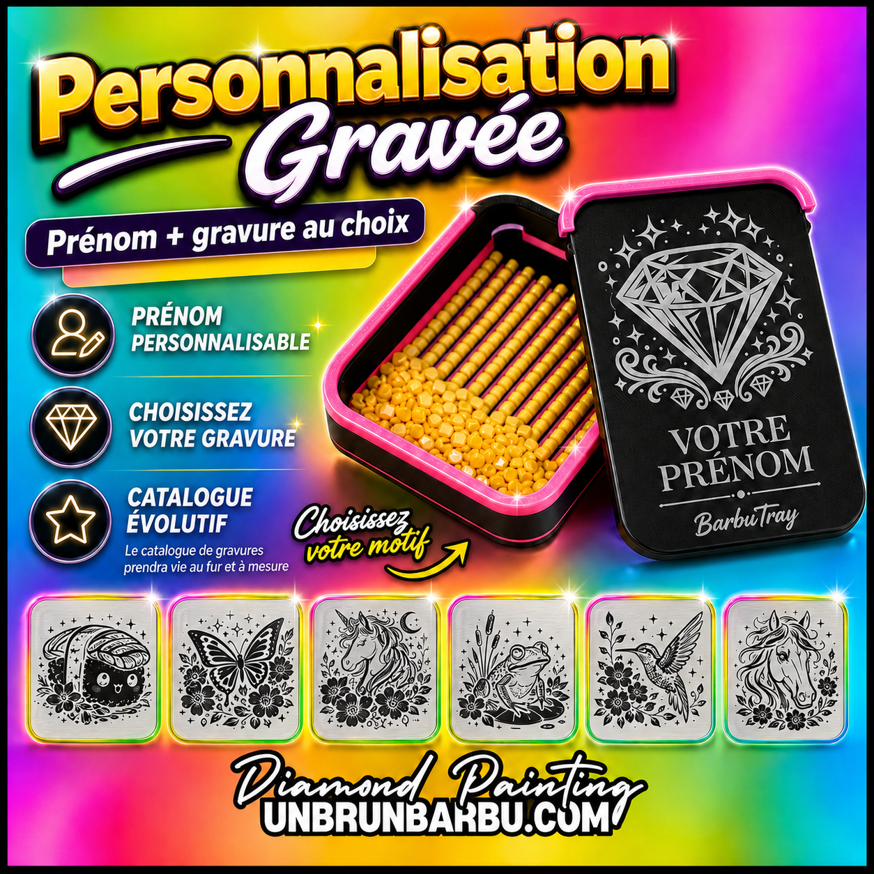 Plateau Diamond Painting 3D BarbuTray Grave taille L personnalisable avec prenom et gravure