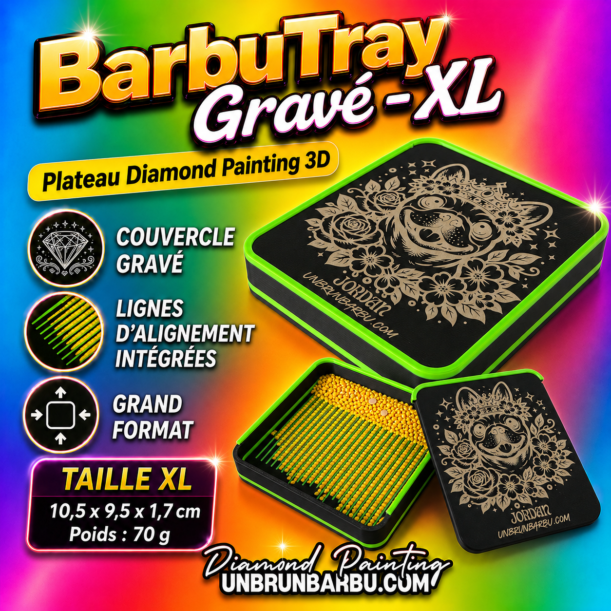 Plateau Diamond Painting 3D BarbuTray Grave taille XL avec dimensions 10,5 x 9,5 x 1,7 cm