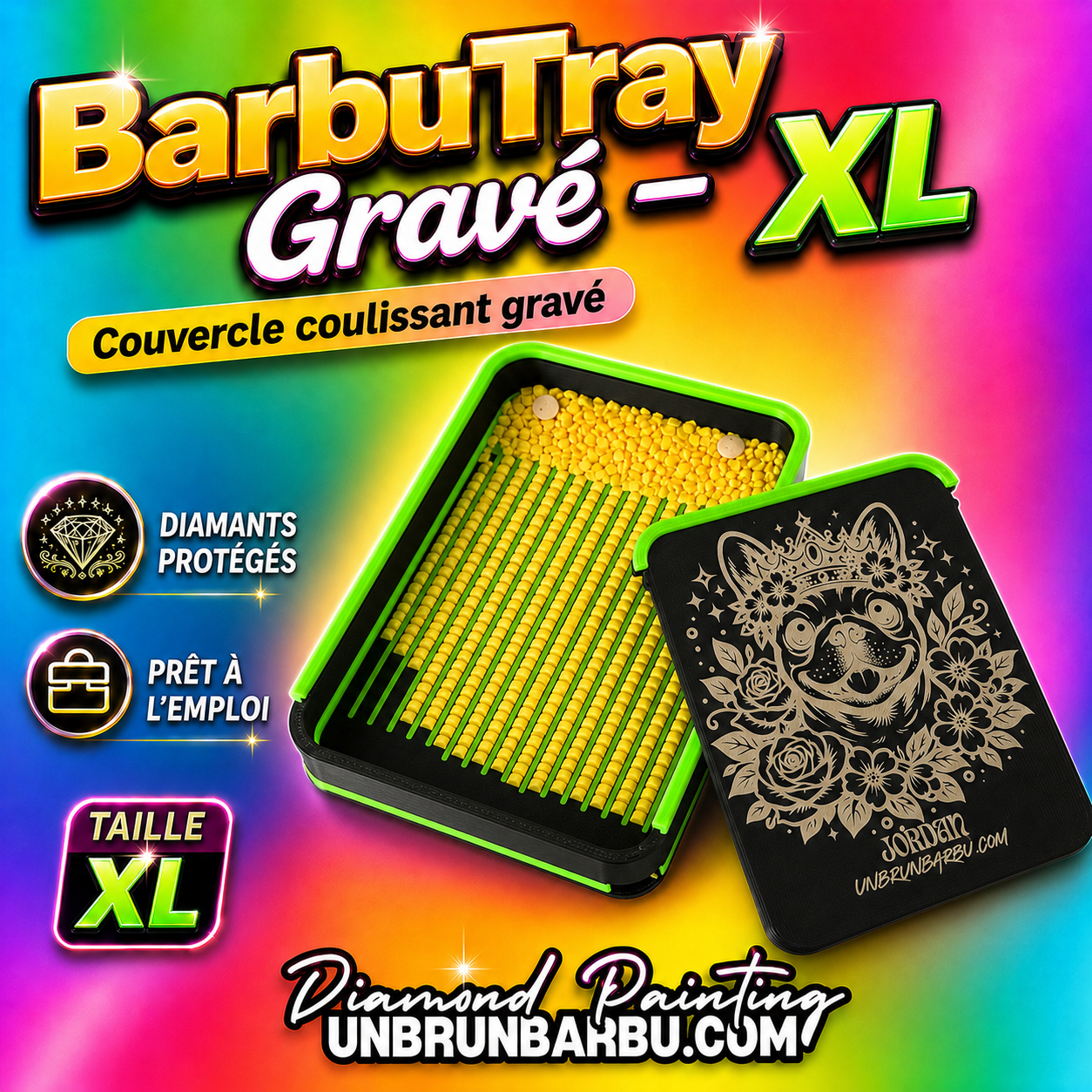 Plateau Diamond Painting 3D BarbuTray Grave taille XL avec couvercle grave personnalise