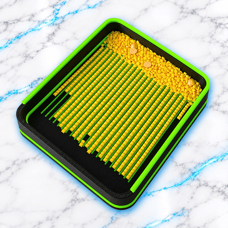 Vue intérieure du plateau Diamond Painting BarbuTray gravé XL noir et vert fluo, avec diamants carrés jaunes alignés dans les rainures pour faciliter leur placement.
