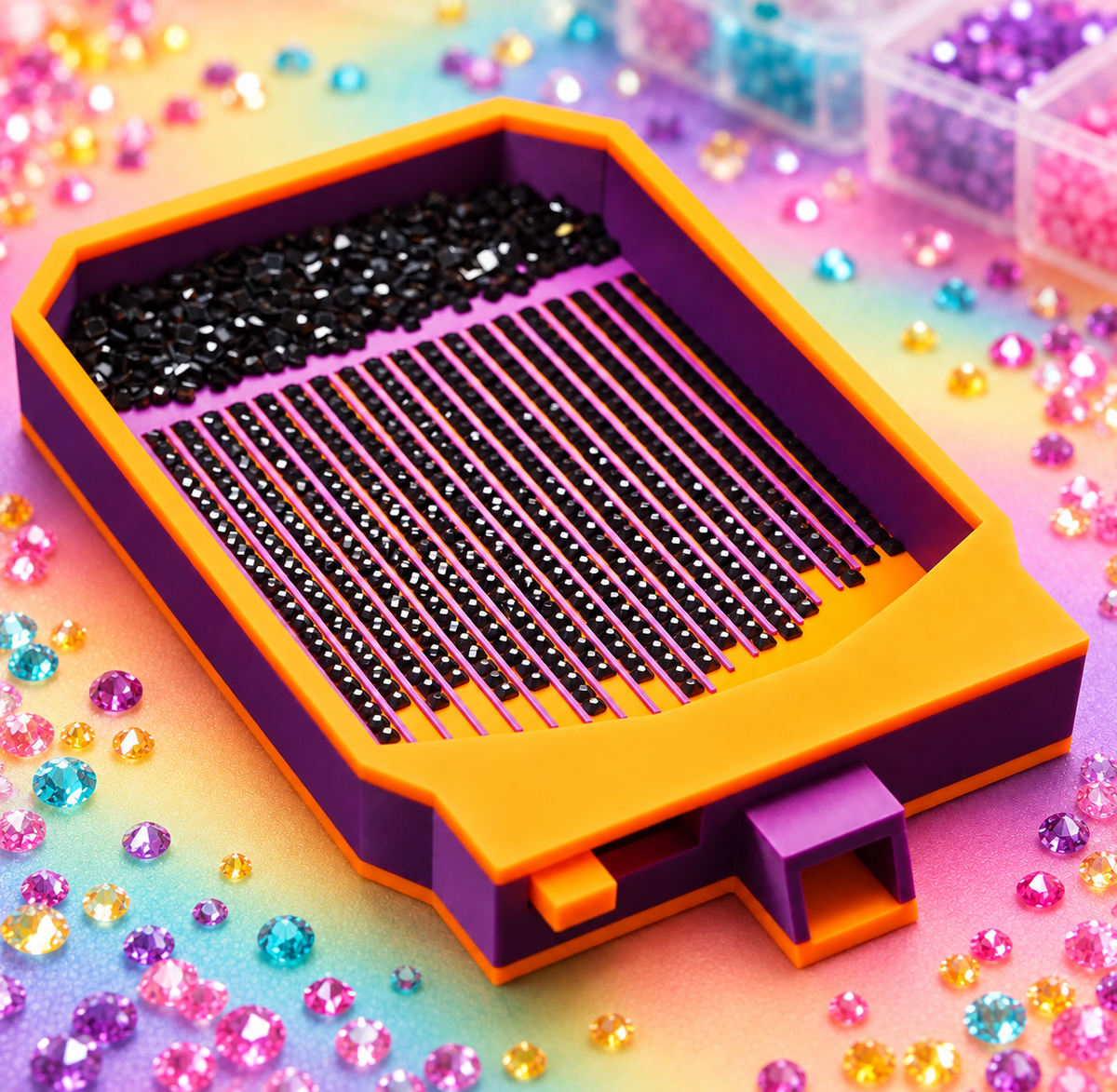 Plateau Diamond Painting ClickFlow orange et violet avec diamants alignes