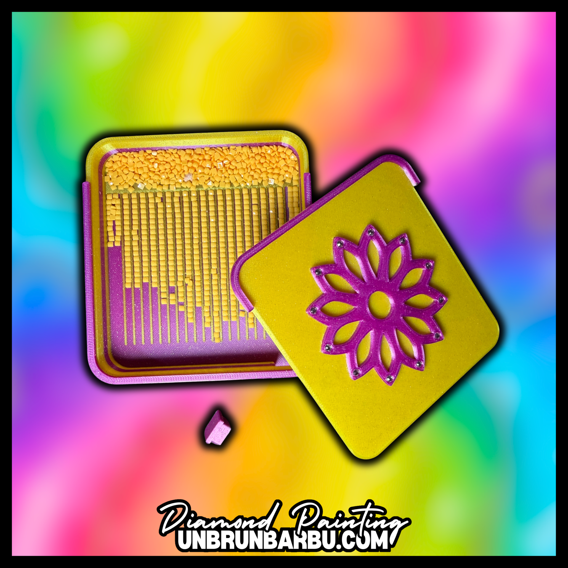 plateau flower strass ouvert avec diamants jaunes et couvercle coulissant pour diamond painting