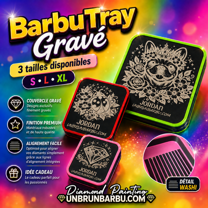 Comparatif des tailles S L XL du plateau Diamond Painting 3D BarbuTray Grave
