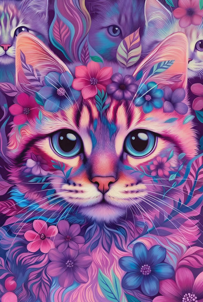 Diamond Painting - Chats Enchantés aux Fleurs Vibrantes (60cm x 90cm)