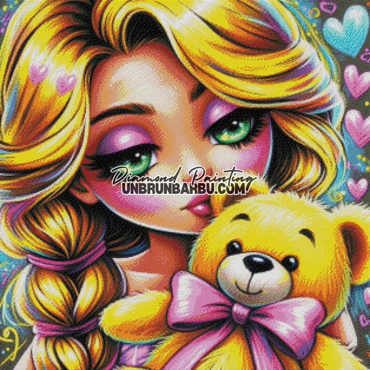 Princesse aux cheveux d'or et l'ours en peluche (80cm x 80cm) - UnBrunBarbu