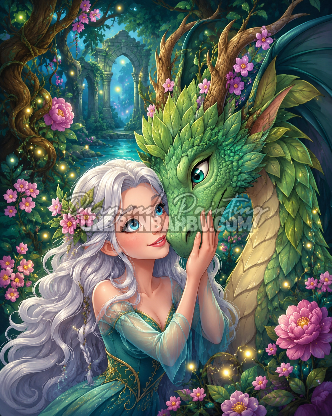 diamond painting princesse dragon emeraude foret enchantee illustration 100x120