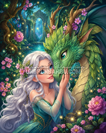 diamond painting princesse dragon emeraude foret enchantee illustration 100x120