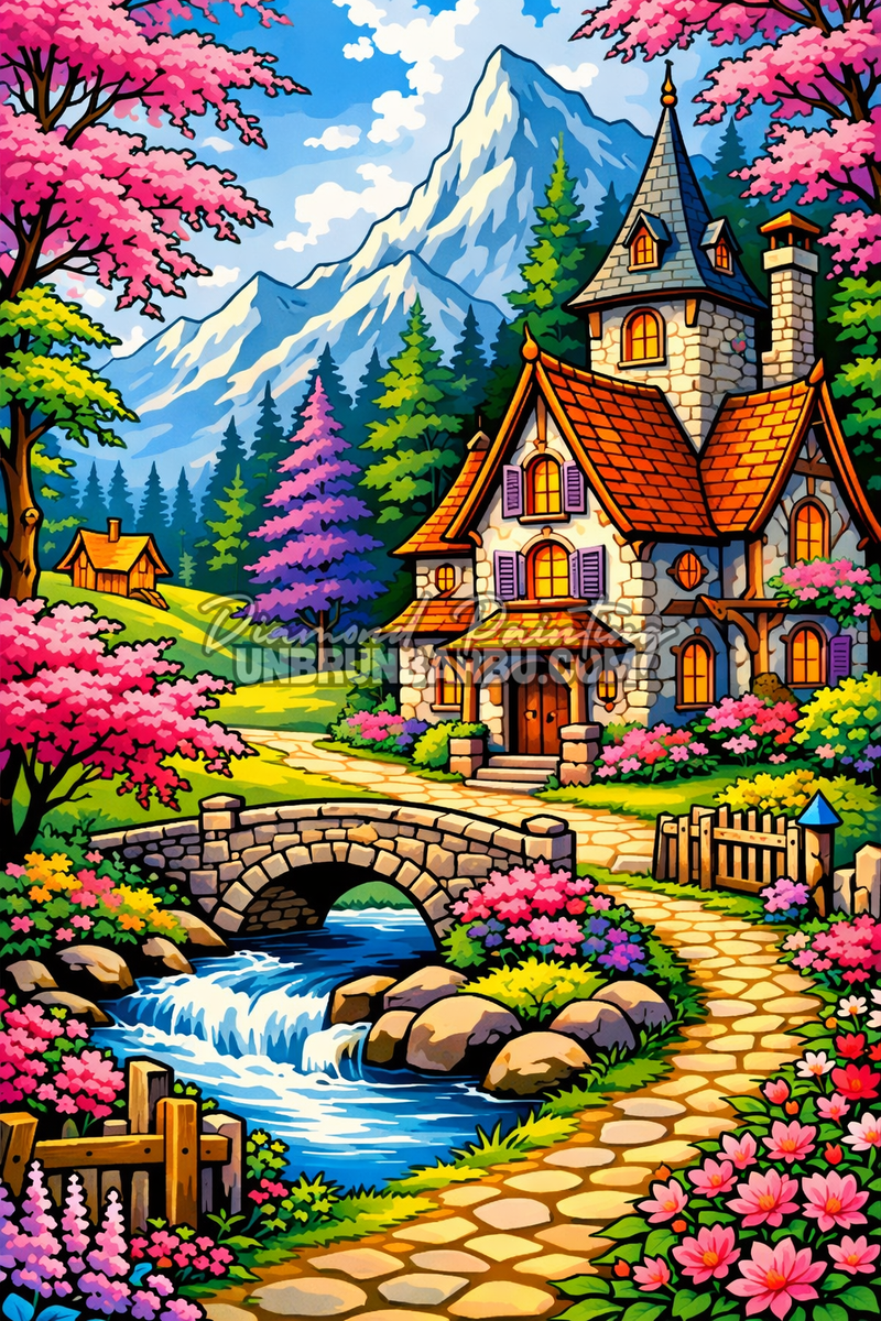 diamond painting refuge fleuri montagne illustration 60x90