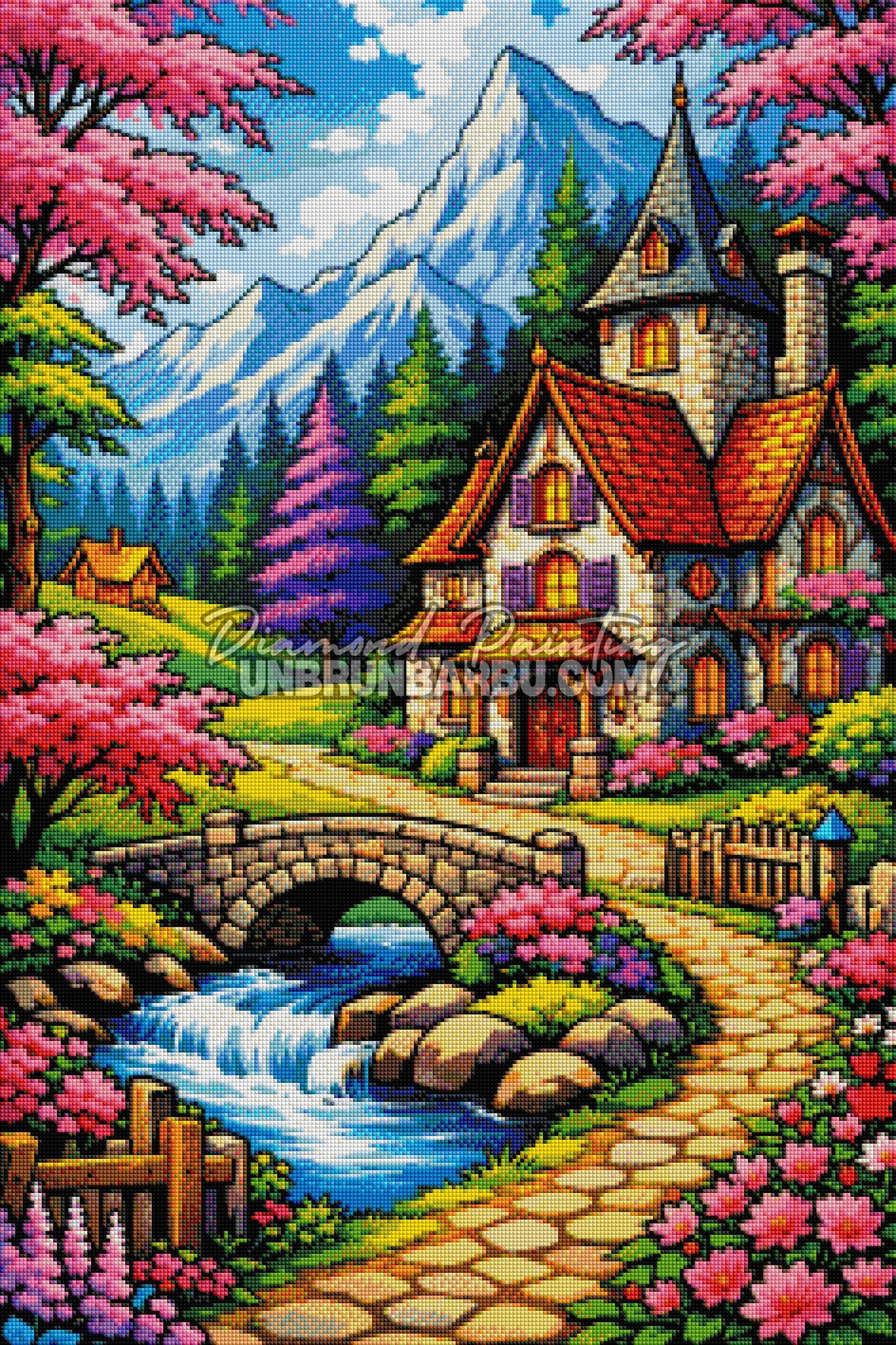 diamond painting refuge fleuri montagne rendu diamante 60x90
