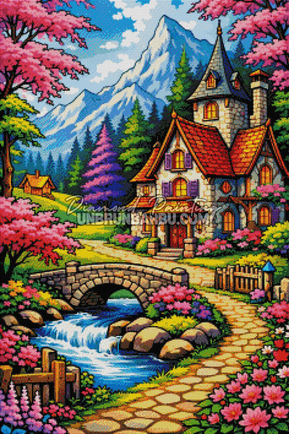 diamond painting refuge fleuri montagne rendu diamante 60x90
