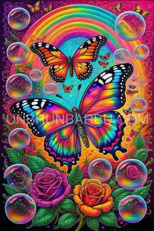 Rencontre féerique entre papillons et arcs - en - ciel. (60cm x 90cm). - UnBrunBarbu