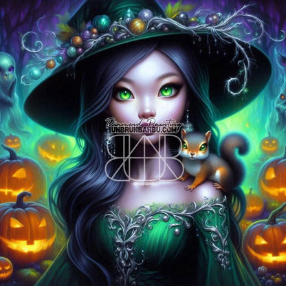 Sorcière d’Halloween et ses Compagnons. (120cm x 120cm). - UnBrunBarbu