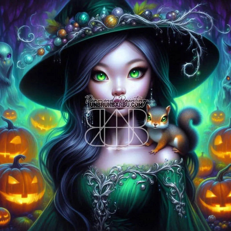 Sorcière d’Halloween et ses Compagnons. (120cm x 120cm). - UnBrunBarbu