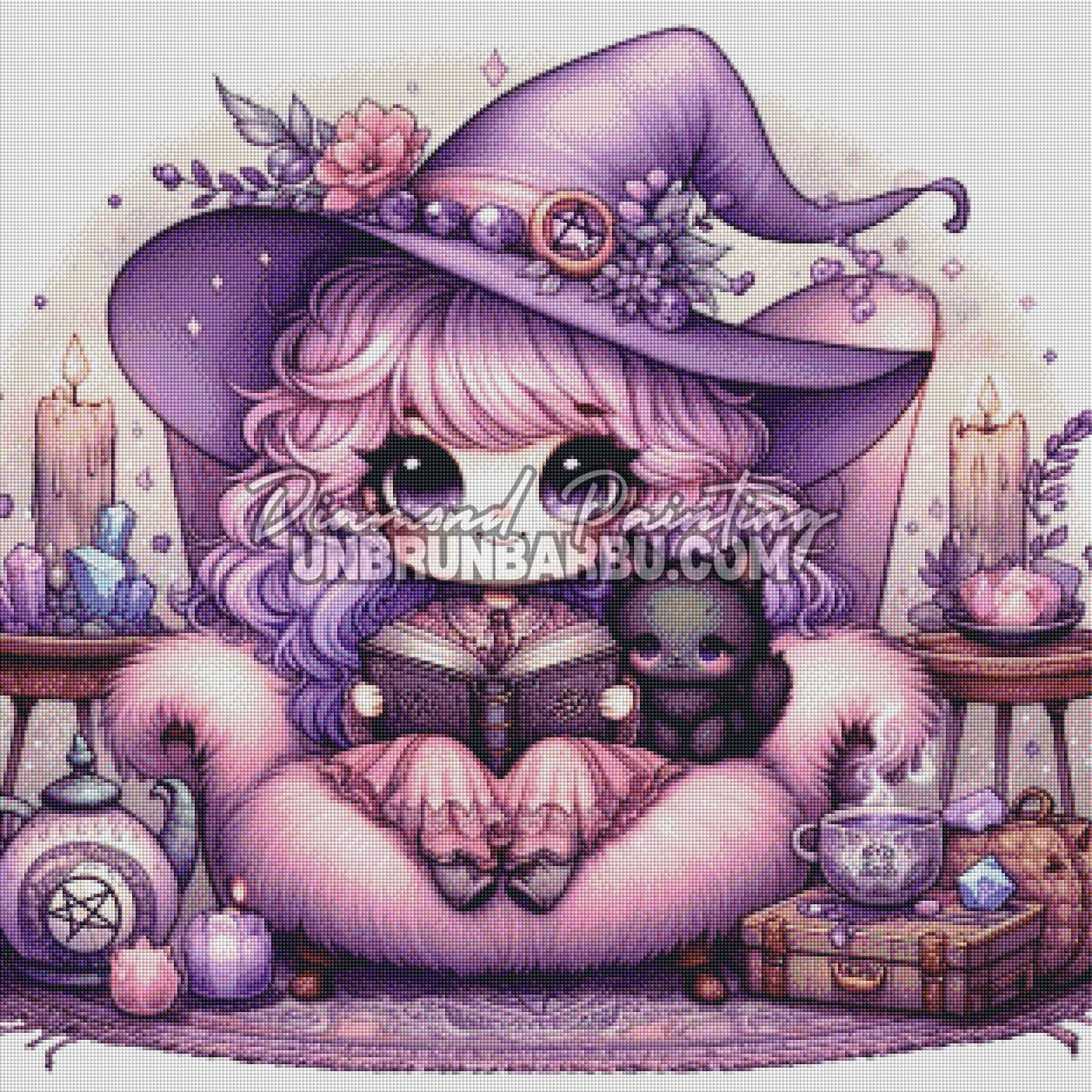 diamond painting sorciere violette livre sortileges rendu diamante 80x80