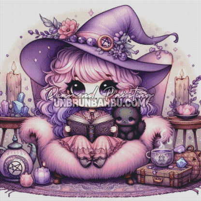 diamond painting sorciere violette livre sortileges rendu diamante 80x80