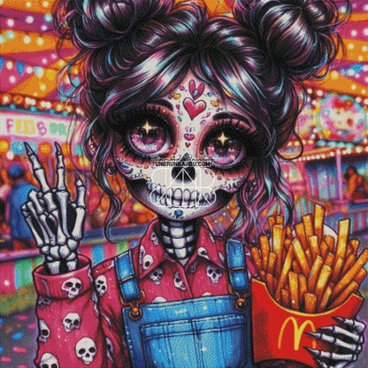 Squelette en Fête, Une Nuit Inattendue (100cm x 100cm) - UnBrunBarbu