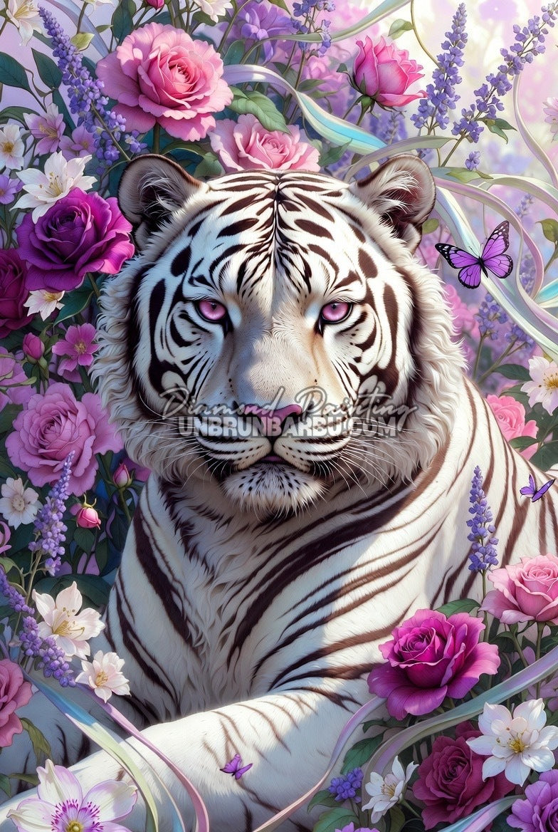 diamond painting tigre blanc lavande roses illustration 70x105