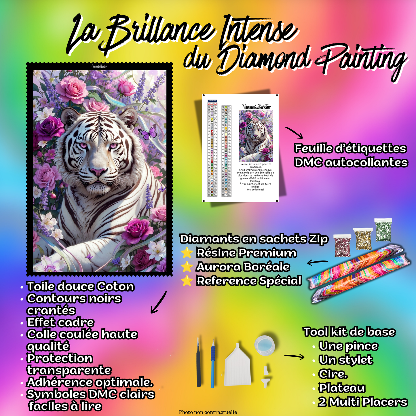 kit complet diamond painting tigre blanc lavande roses 70x105