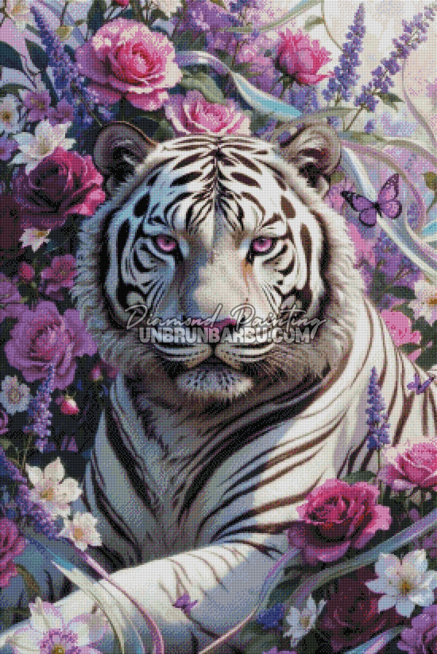 diamond painting tigre blanc lavande roses rendu diamante 70x105