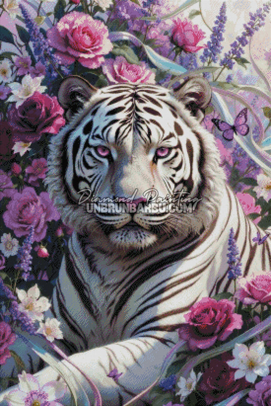 diamond painting tigre blanc lavande roses rendu diamante 70x105
