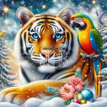 Tigre et Perroquet en Hiver (120cm x 120cm) - UnBrunBarbu