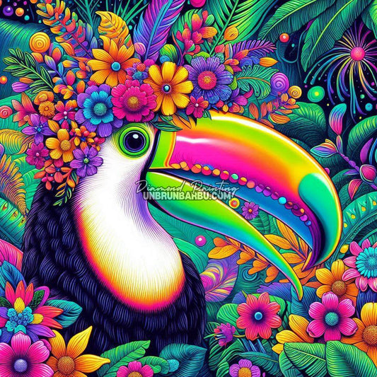 Toucan aux Fleurs Éclatantes (80cm x 80cm) - UnBrunBarbu