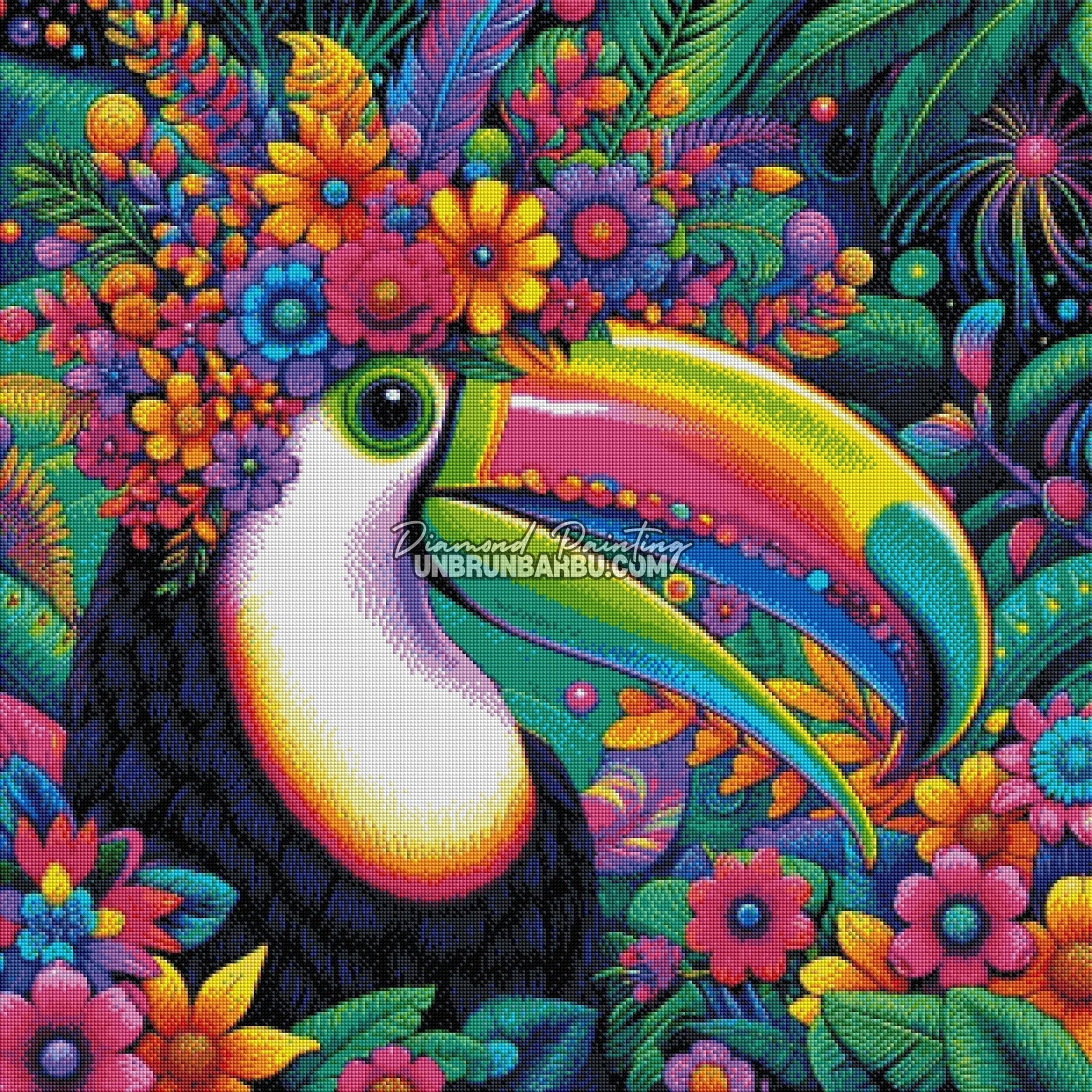 Toucan aux Fleurs Éclatantes (80cm x 80cm) - UnBrunBarbu