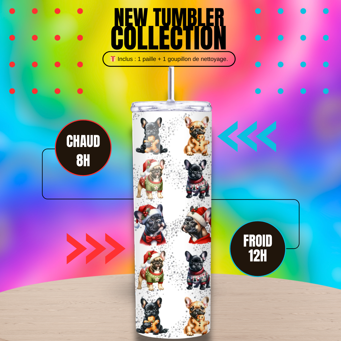 tumbler isotherme noel bouledogue gobelet inox 20 oz avec paille