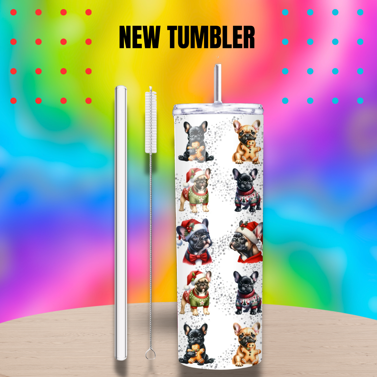 tumbler noel bouledogue 20 oz avec paille inox et goupillon nettoyage
